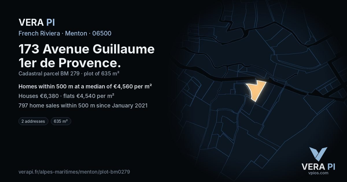 173 Avenue Guillaume 1er de Provence, Menton at night – the plot lit, the parcels around coloured by the prices near them