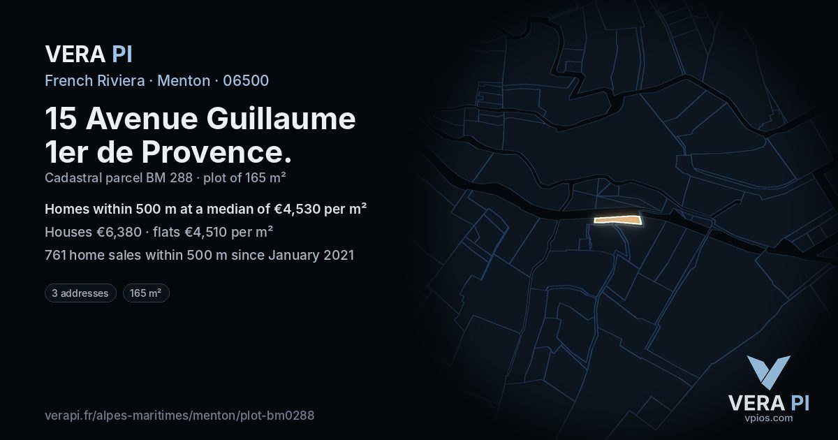 15 Avenue Guillaume 1er de Provence, Menton at night – the plot lit, the parcels around coloured by the prices near them