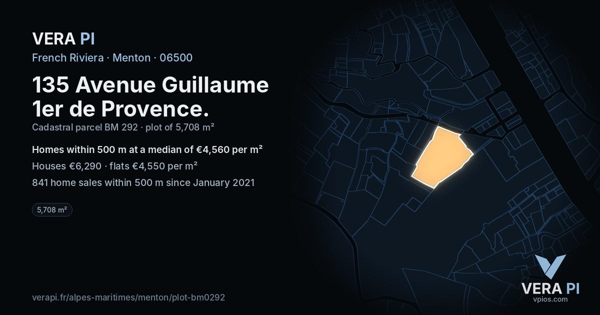 135 Avenue Guillaume 1er de Provence, Menton at night – the plot lit, the parcels around coloured by the prices near them