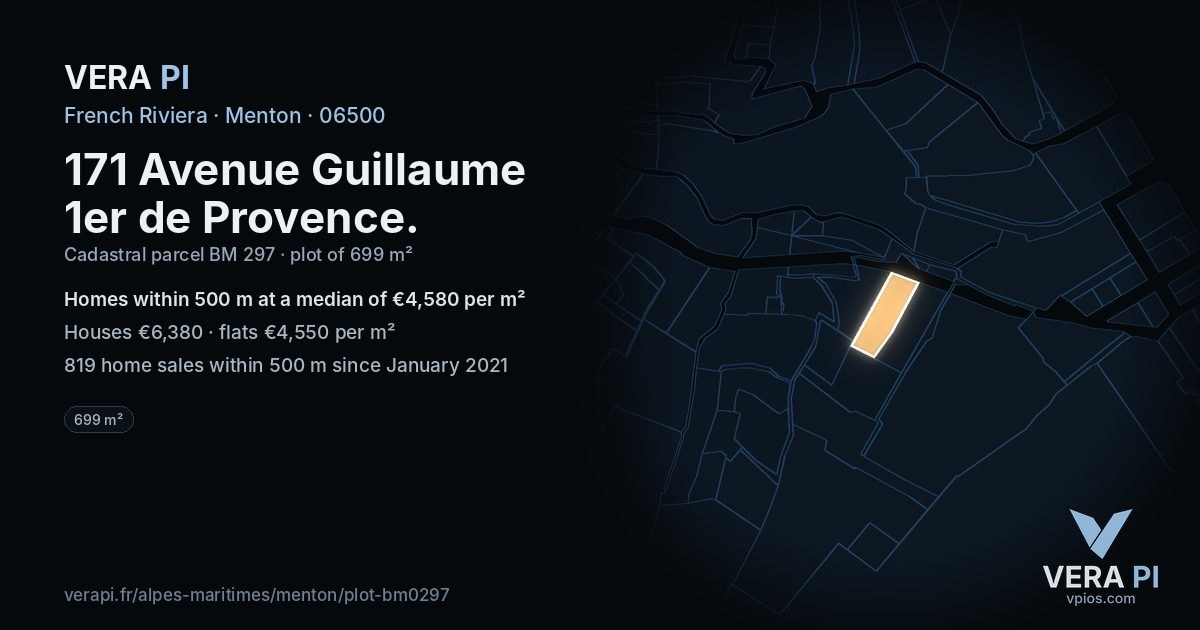 171 Avenue Guillaume 1er de Provence, Menton at night – the plot lit, the parcels around coloured by the prices near them