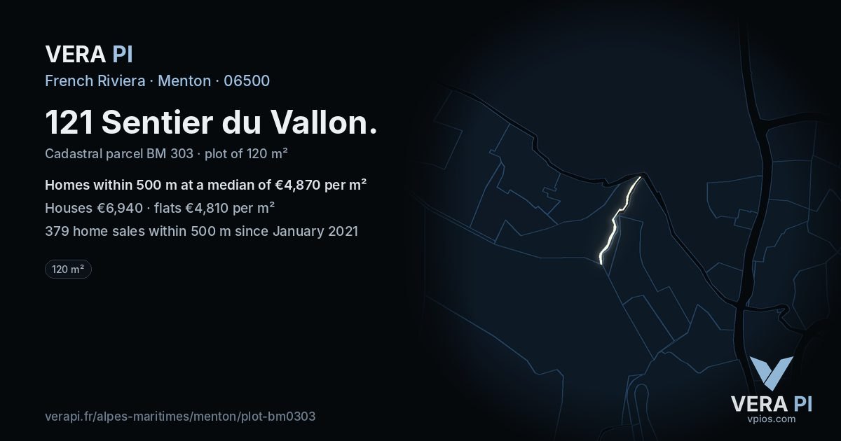 121 Sentier du Vallon, Menton at night – the plot lit, the parcels around coloured by the prices near them