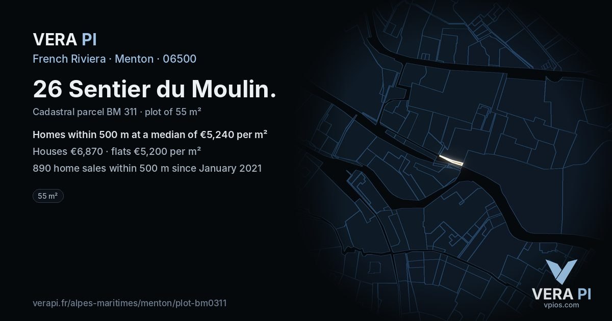 26 Sentier du Moulin, Menton at night – the plot lit, the parcels around coloured by the prices near them
