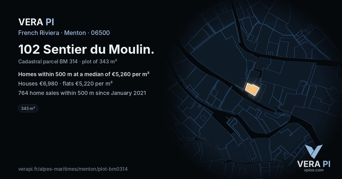102 Sentier du Moulin, Menton at night – the plot lit, the parcels around coloured by the prices near them