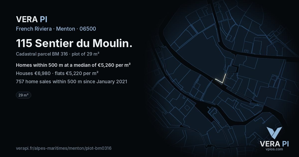 115 Sentier du Moulin, Menton at night – the plot lit, the parcels around coloured by the prices near them