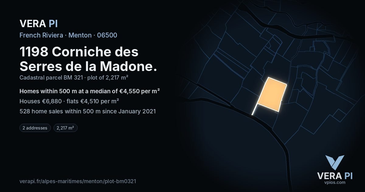 1198 Corniche des Serres de la Madone, Menton at night – the plot lit, the parcels around coloured by the prices near them