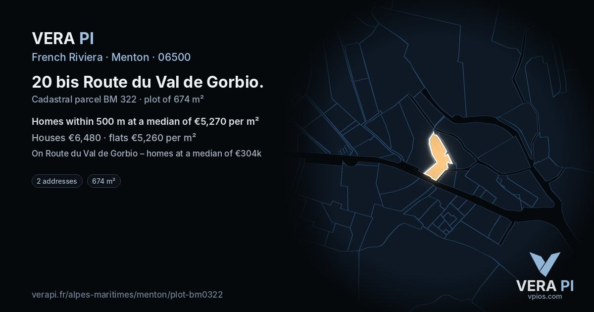 20 bis Route du Val de Gorbio, Menton at night – the plot lit, the parcels around coloured by the prices near them