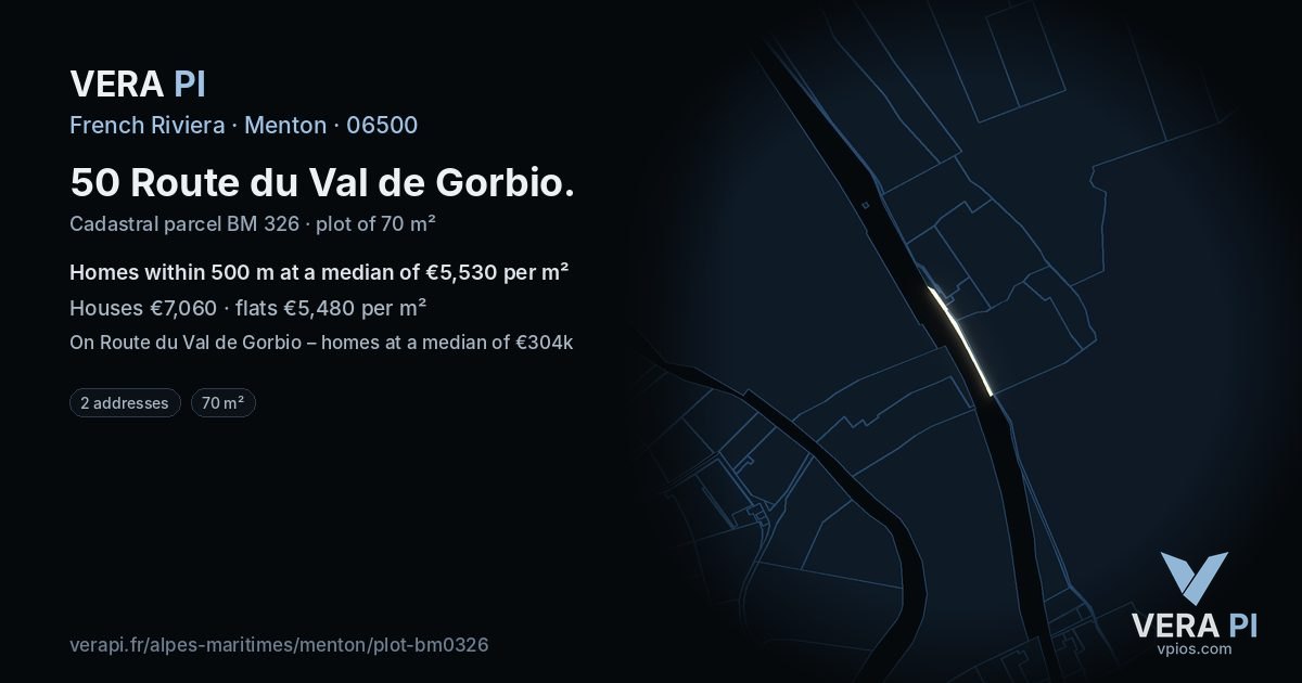 50 Route du Val de Gorbio, Menton at night – the plot lit, the parcels around coloured by the prices near them