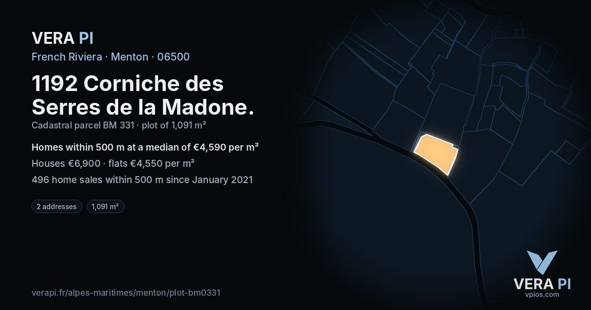 1192 Corniche des Serres de la Madone, Menton at night – the plot lit, the parcels around coloured by the prices near them