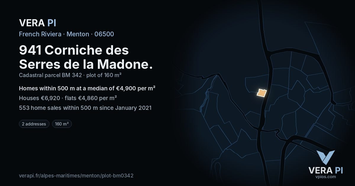 941 Corniche des Serres de la Madone, Menton at night – the plot lit, the parcels around coloured by the prices near them