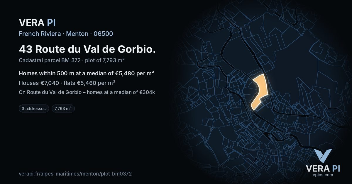 43 Route du Val de Gorbio, Menton at night – the plot lit, the parcels around coloured by the prices near them