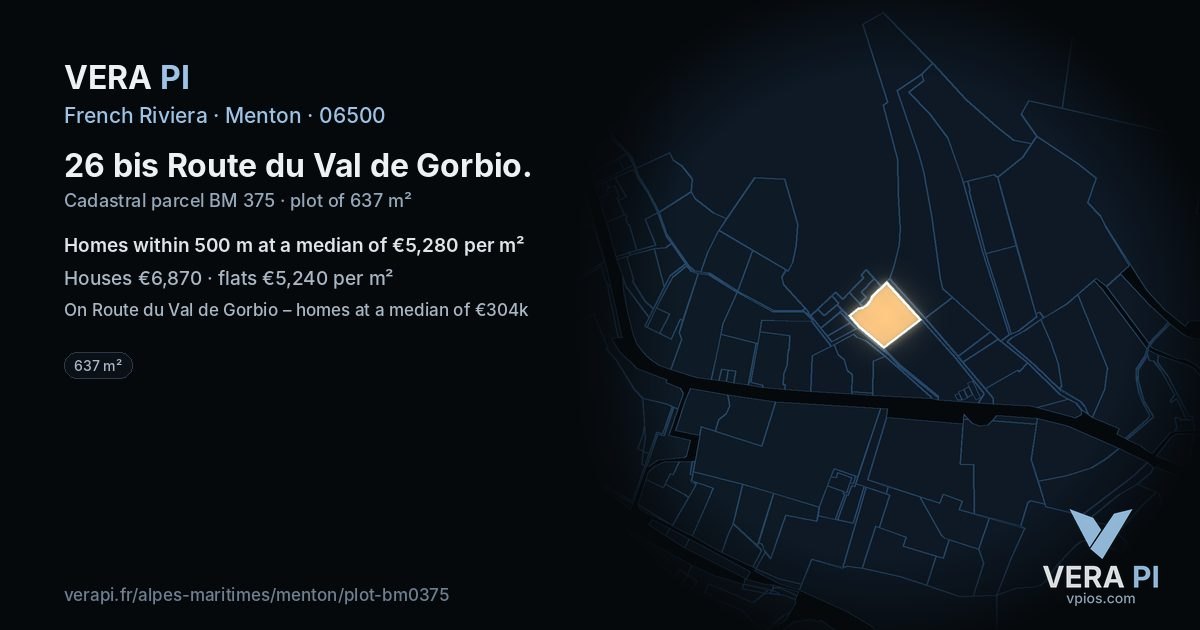 26 bis Route du Val de Gorbio, Menton at night – the plot lit, the parcels around coloured by the prices near them