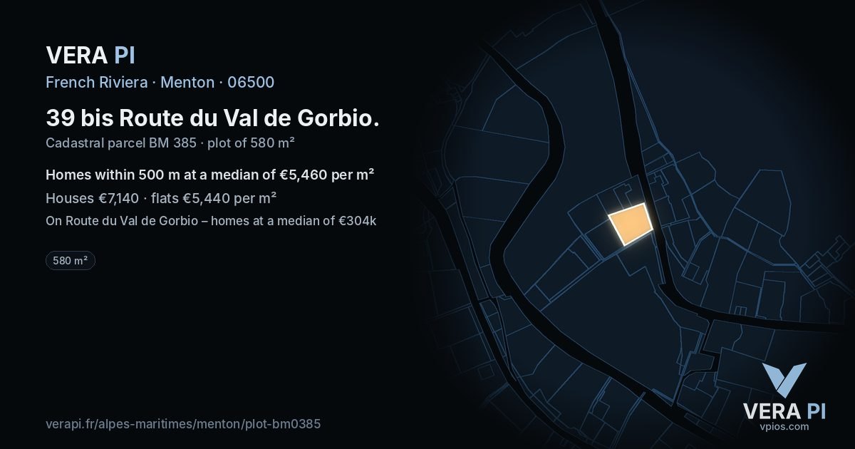 39 bis Route du Val de Gorbio, Menton at night – the plot lit, the parcels around coloured by the prices near them