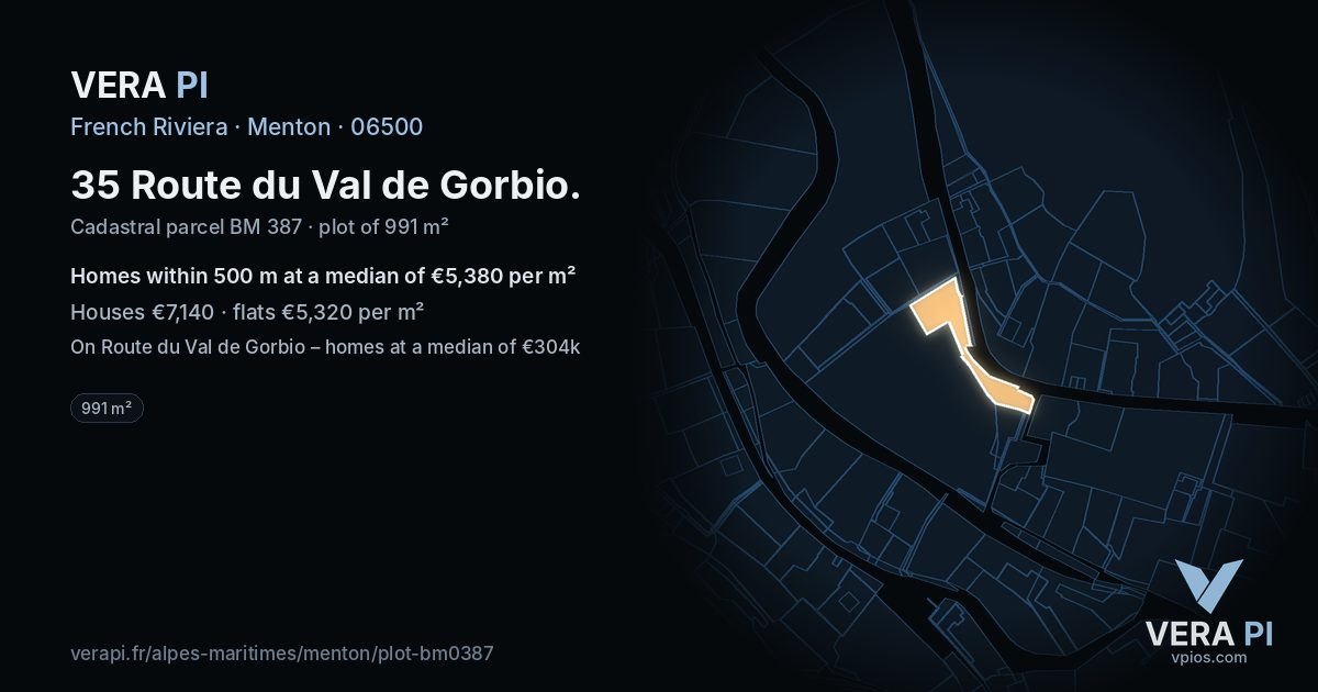 35 Route du Val de Gorbio, Menton at night – the plot lit, the parcels around coloured by the prices near them