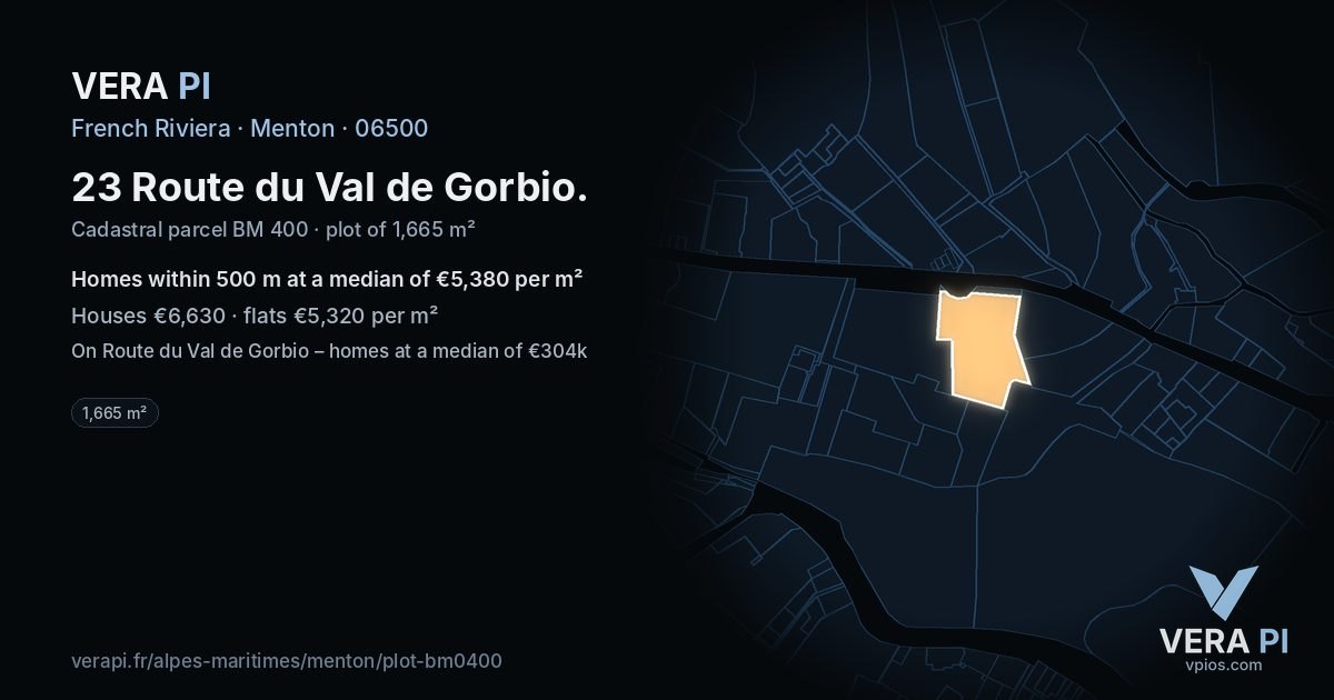 23 Route du Val de Gorbio, Menton at night – the plot lit, the parcels around coloured by the prices near them