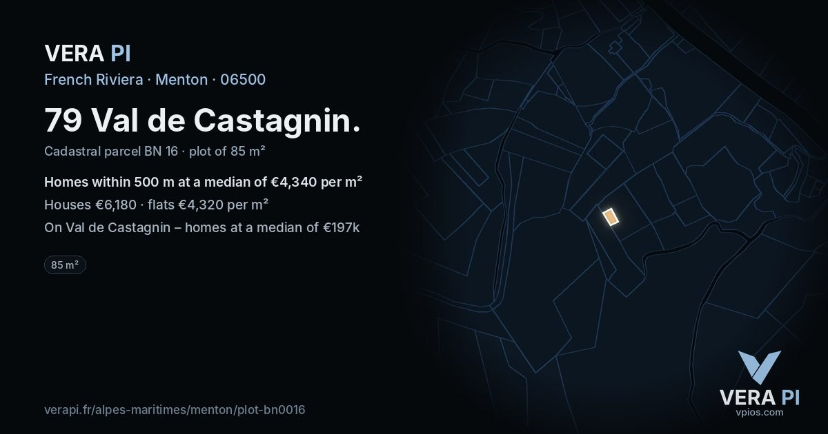 79 Val de Castagnin, Menton at night – the plot lit, the parcels around coloured by the prices near them