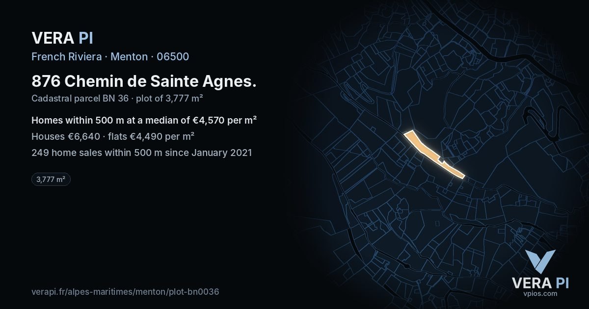 876 Chemin de Sainte Agnes, Menton at night – the plot lit, the parcels around coloured by the prices near them