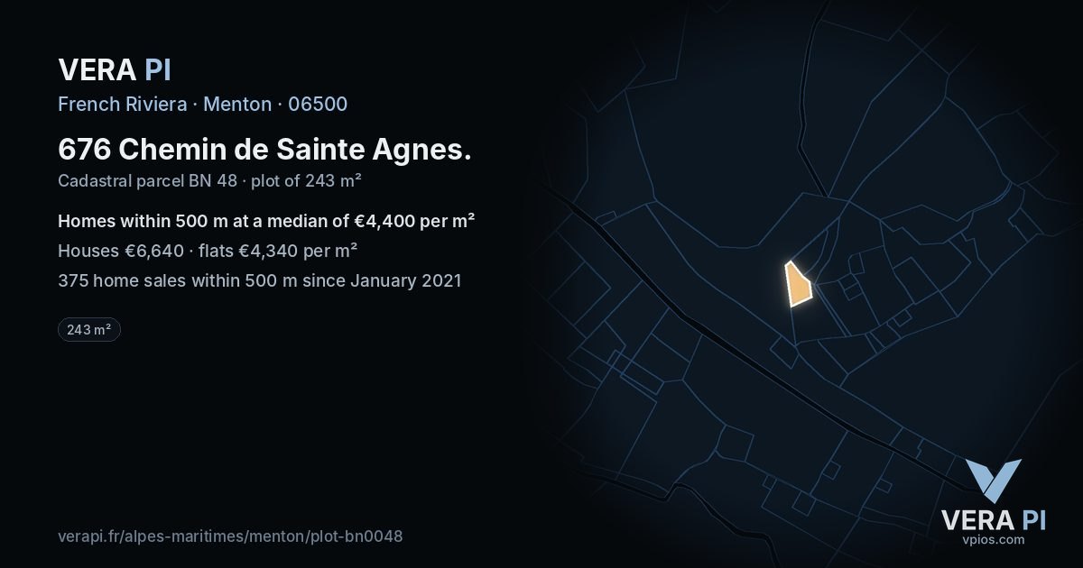 676 Chemin de Sainte Agnes, Menton at night – the plot lit, the parcels around coloured by the prices near them