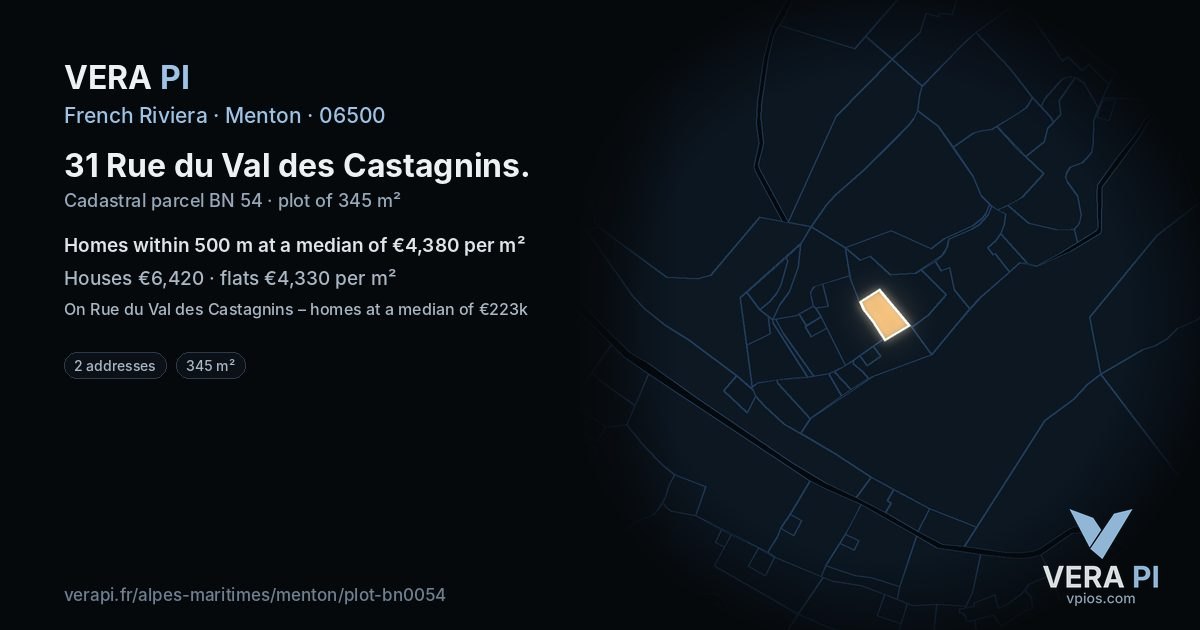 31 Rue du Val des Castagnins, Menton at night – the plot lit, the parcels around coloured by the prices near them