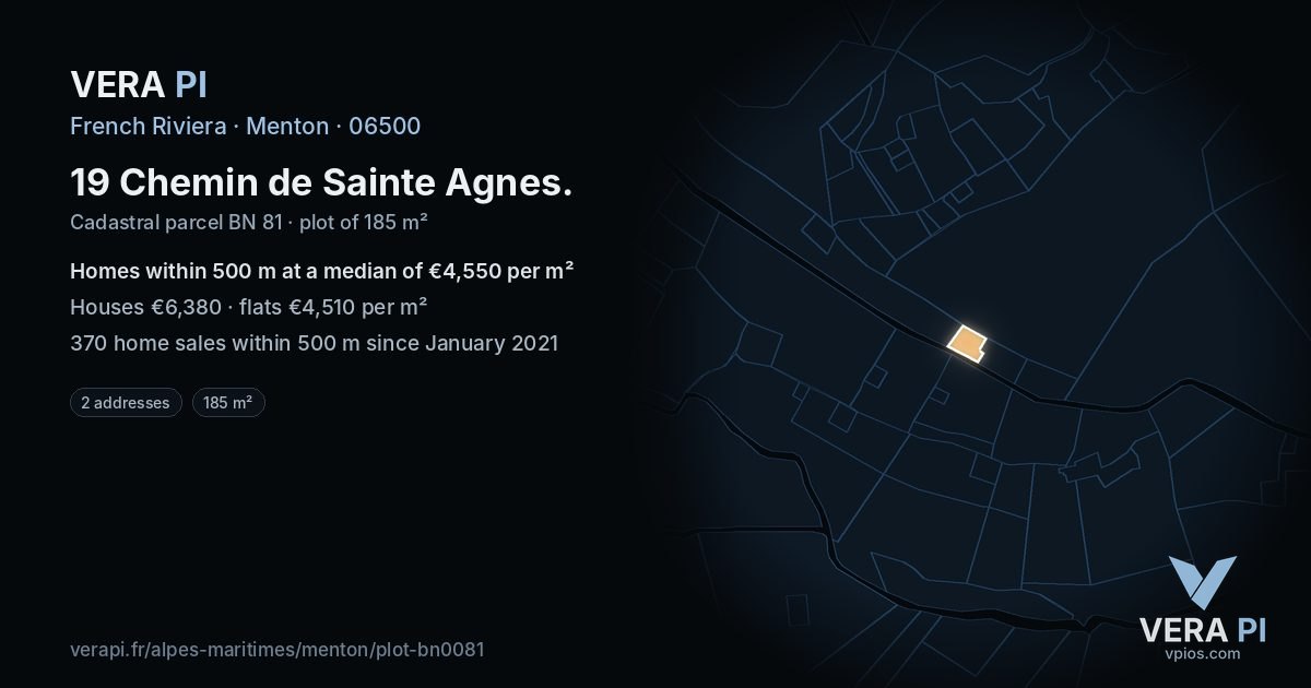 19 Chemin de Sainte Agnes, Menton at night – the plot lit, the parcels around coloured by the prices near them