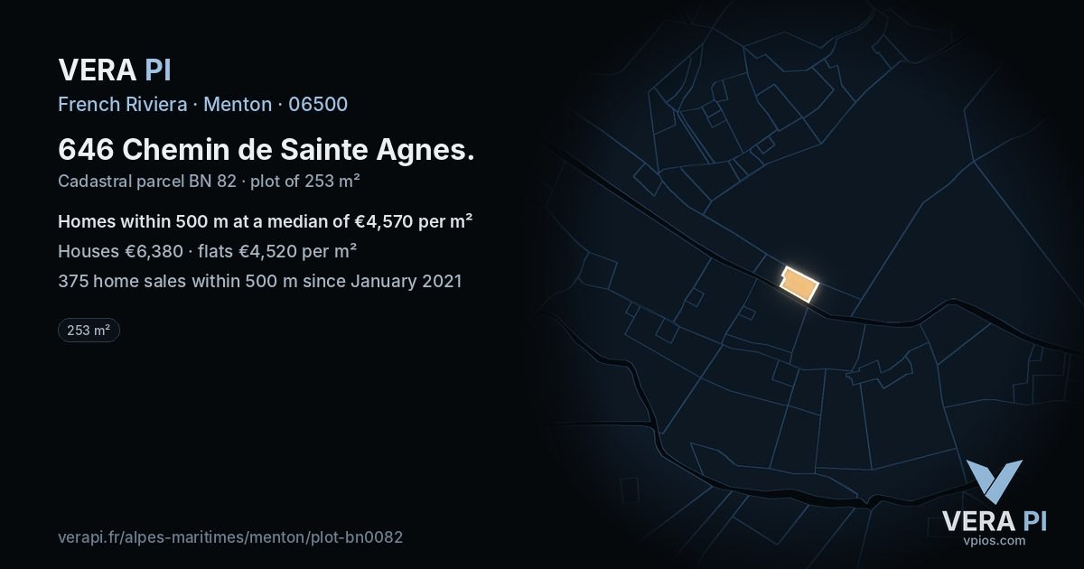 646 Chemin de Sainte Agnes, Menton at night – the plot lit, the parcels around coloured by the prices near them