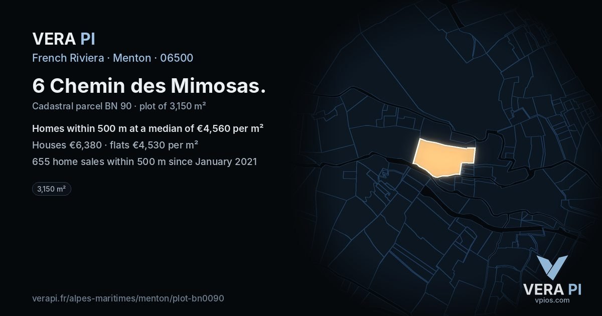 6 Chemin des Mimosas, Menton at night – the plot lit, the parcels around coloured by the prices near them