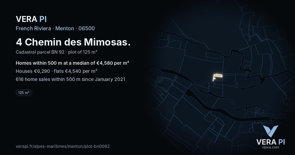 4 Chemin des Mimosas, Menton at night – the plot lit, the parcels around coloured by the prices near them
