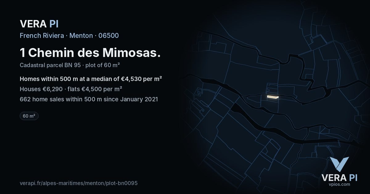 1 Chemin des Mimosas, Menton at night – the plot lit, the parcels around coloured by the prices near them