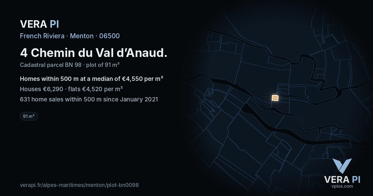 4 Chemin du Val d’Anaud, Menton at night – the plot lit, the parcels around coloured by the prices near them