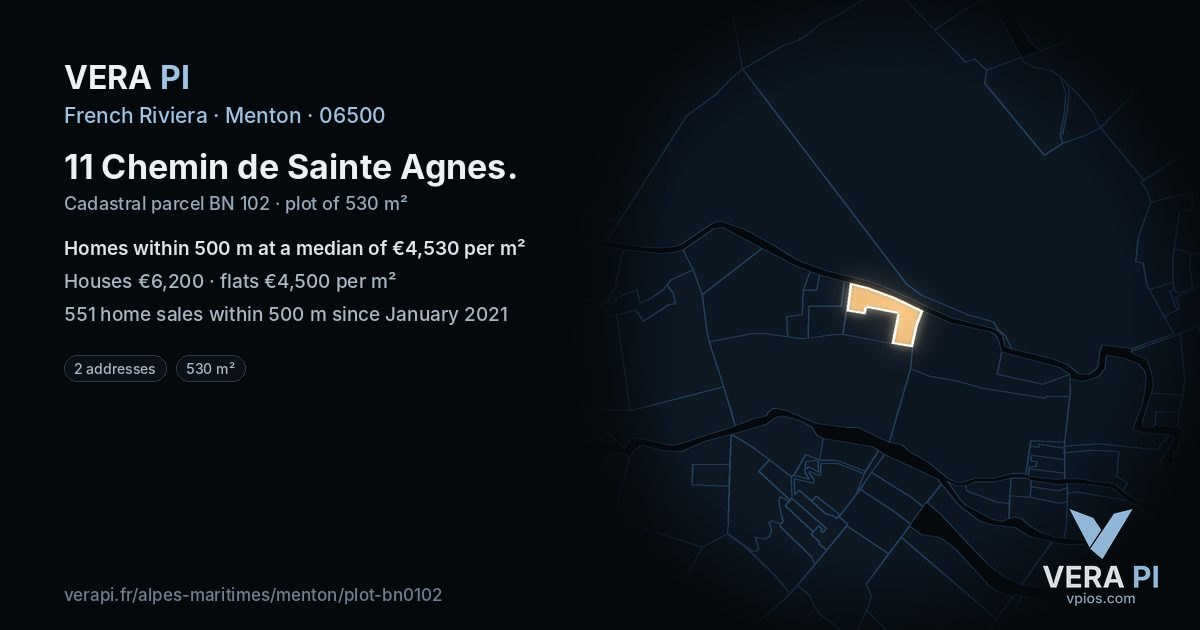 11 Chemin de Sainte Agnes, Menton at night – the plot lit, the parcels around coloured by the prices near them