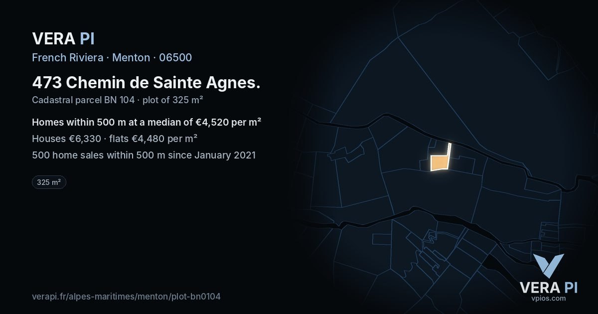 473 Chemin de Sainte Agnes, Menton at night – the plot lit, the parcels around coloured by the prices near them