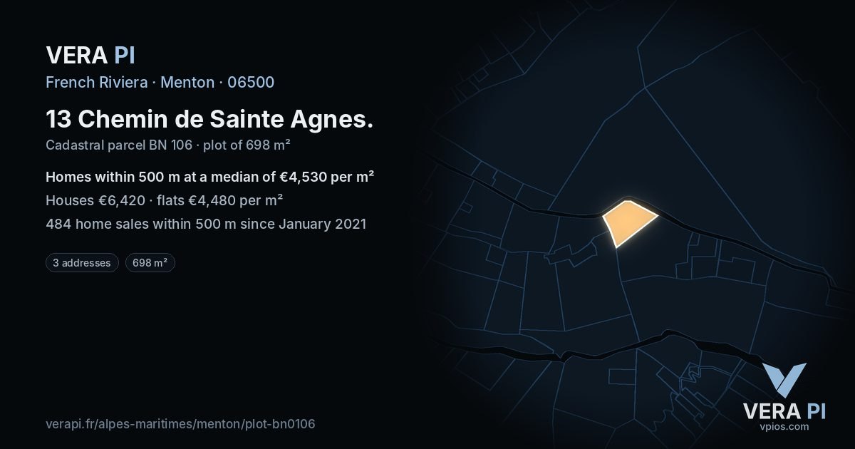 13 Chemin de Sainte Agnes, Menton at night – the plot lit, the parcels around coloured by the prices near them