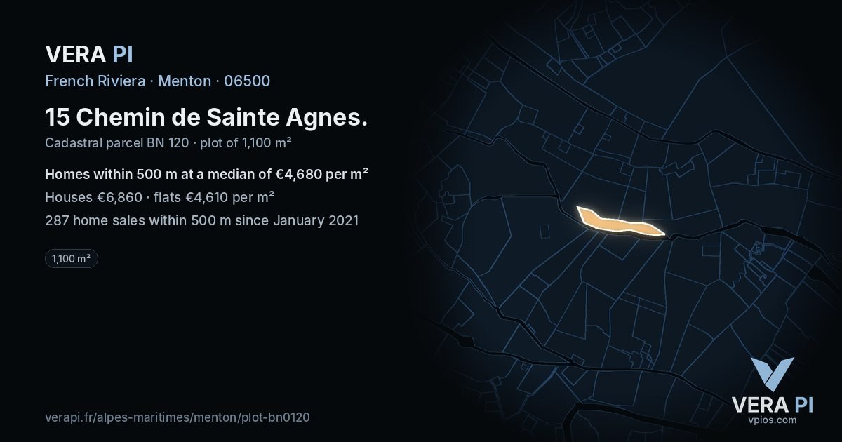 15 Chemin de Sainte Agnes, Menton at night – the plot lit, the parcels around coloured by the prices near them