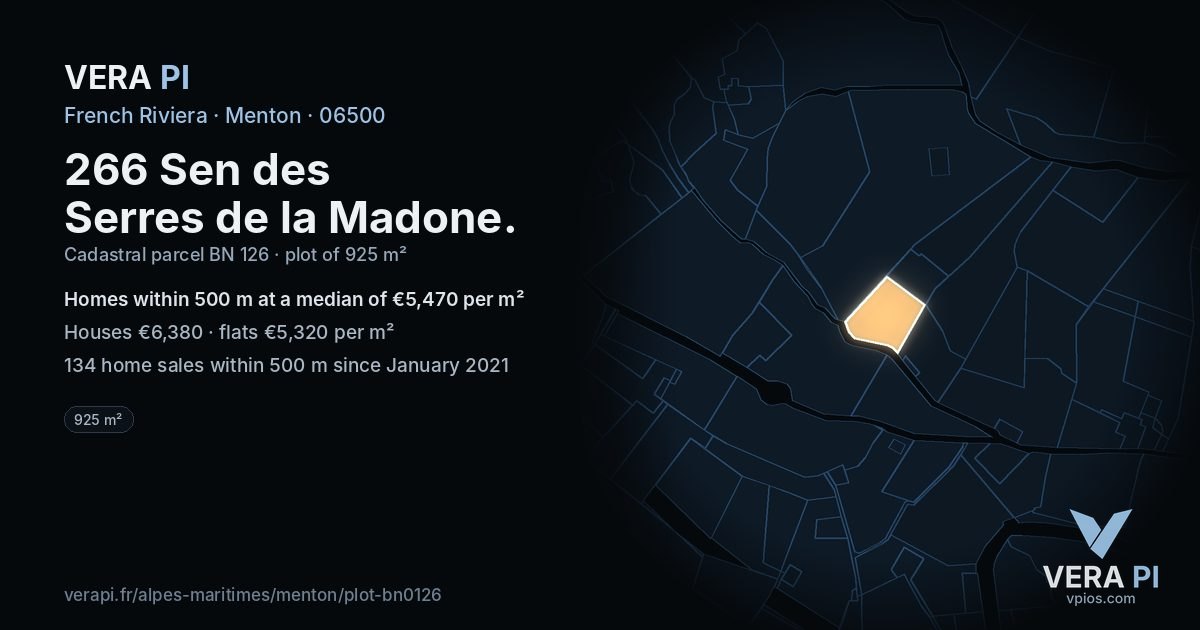 266 Sen des Serres de la Madone, Menton at night – the plot lit, the parcels around coloured by the prices near them
