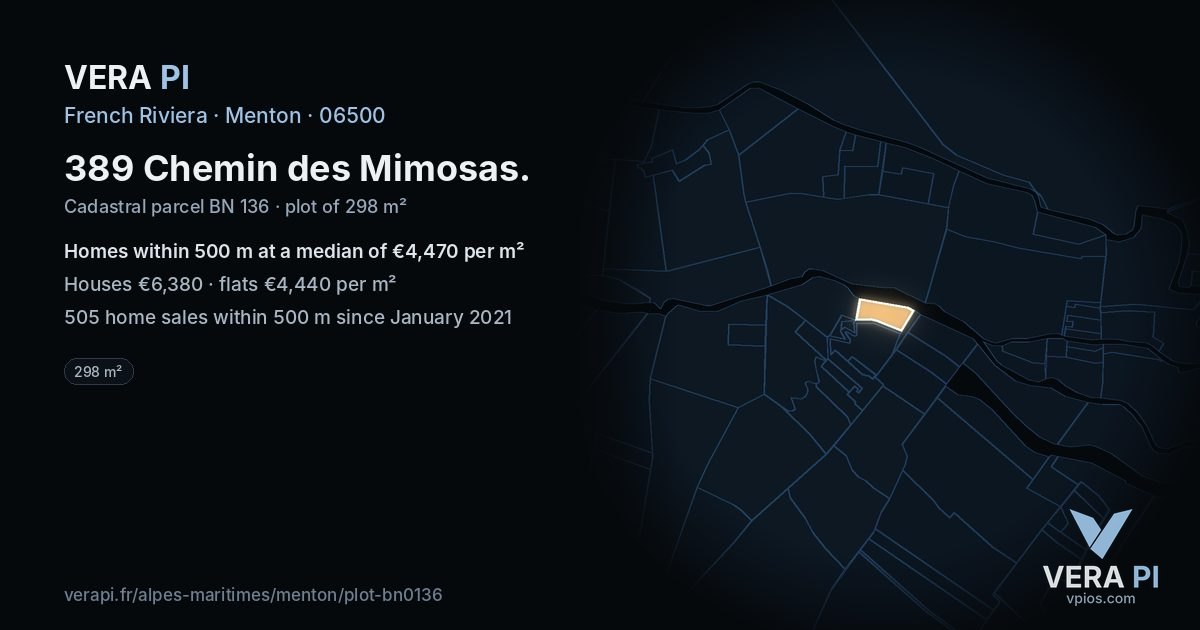 389 Chemin des Mimosas, Menton at night – the plot lit, the parcels around coloured by the prices near them