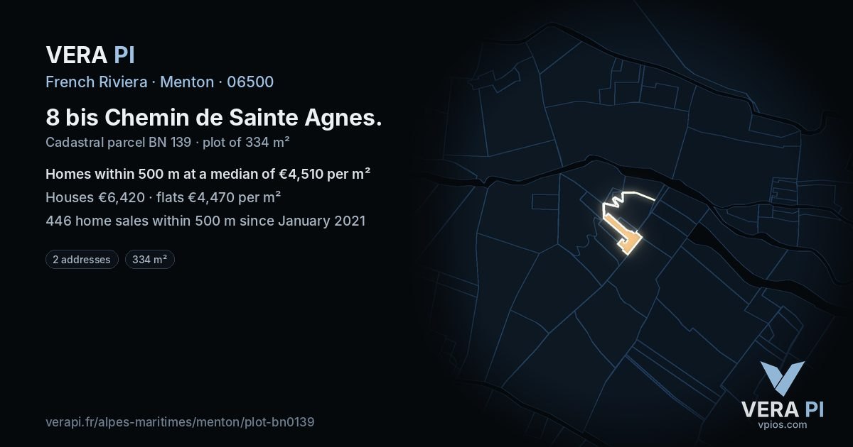 8 bis Chemin de Sainte Agnes, Menton at night – the plot lit, the parcels around coloured by the prices near them