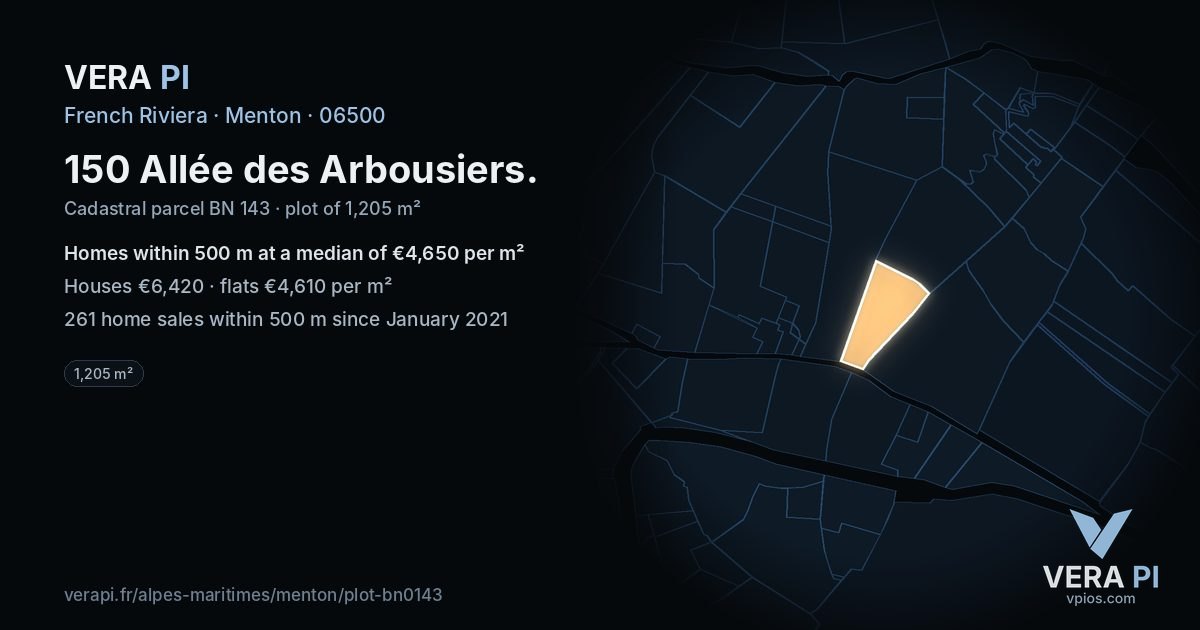 150 Allée des Arbousiers, Menton at night – the plot lit, the parcels around coloured by the prices near them