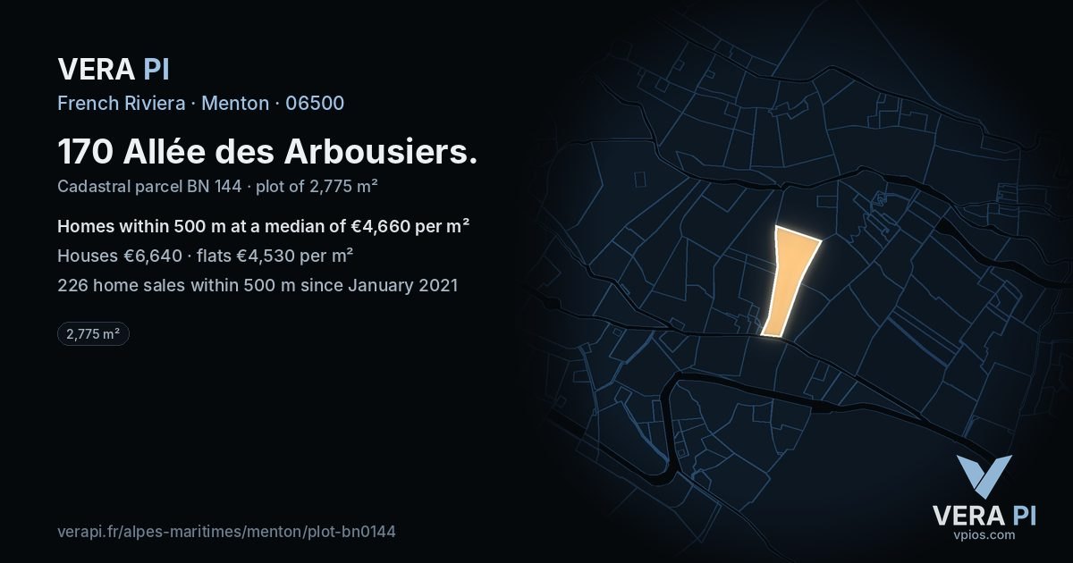 170 Allée des Arbousiers, Menton at night – the plot lit, the parcels around coloured by the prices near them