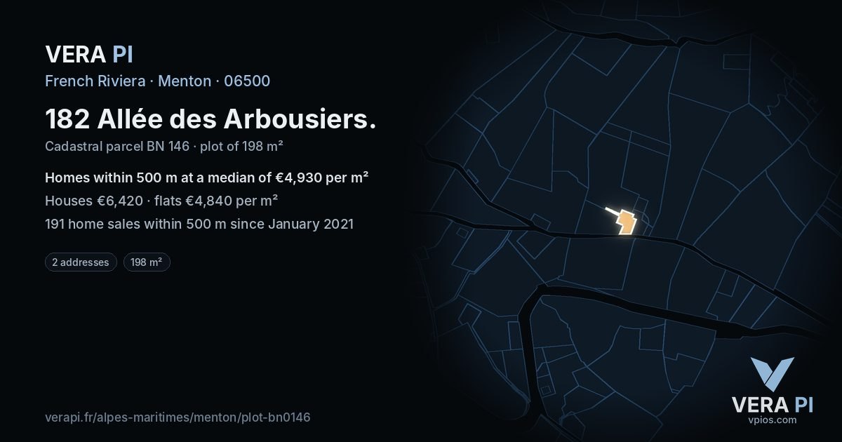 182 Allée des Arbousiers, Menton at night – the plot lit, the parcels around coloured by the prices near them