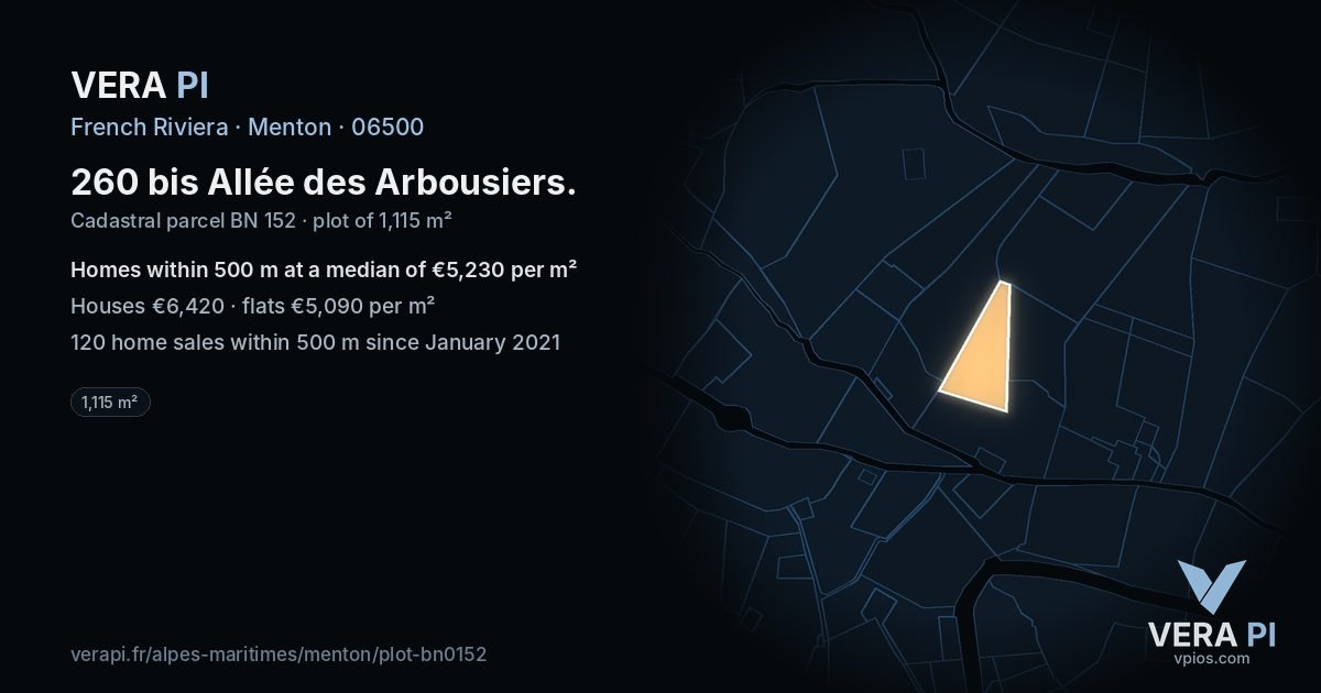 260 bis Allée des Arbousiers, Menton at night – the plot lit, the parcels around coloured by the prices near them