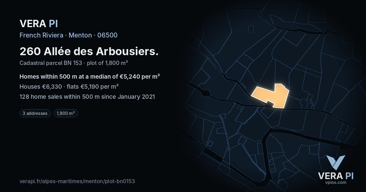260 Allée des Arbousiers, Menton at night – the plot lit, the parcels around coloured by the prices near them