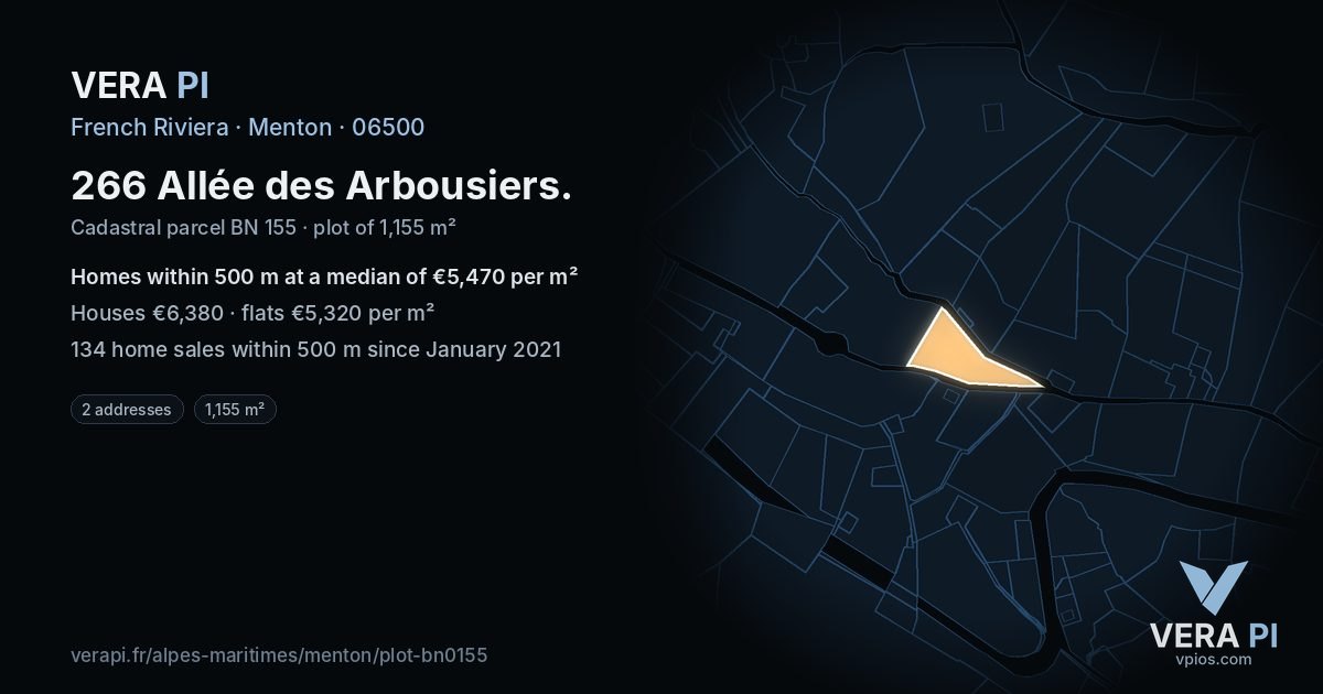 266 Allée des Arbousiers, Menton at night – the plot lit, the parcels around coloured by the prices near them