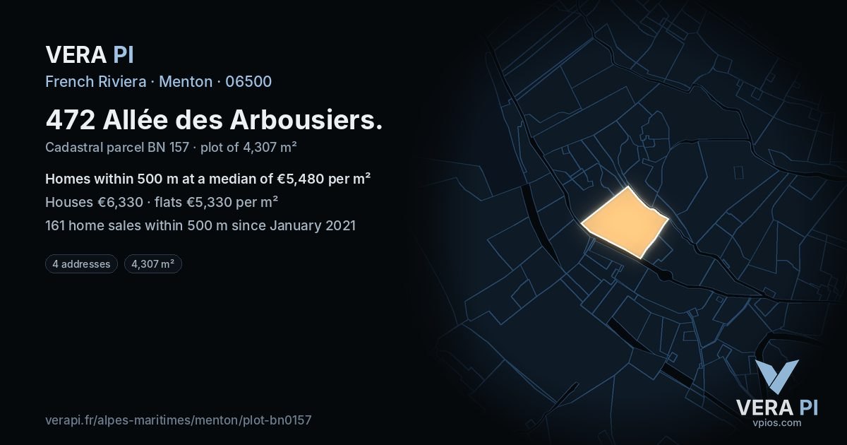 472 Allée des Arbousiers, Menton at night – the plot lit, the parcels around coloured by the prices near them
