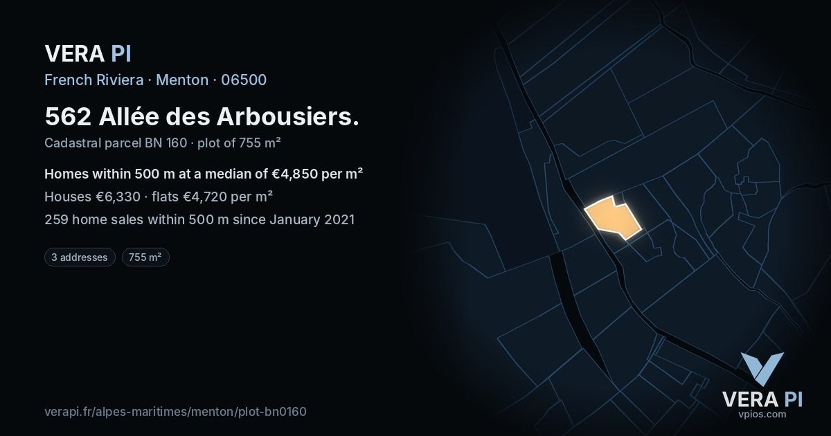 562 Allée des Arbousiers, Menton at night – the plot lit, the parcels around coloured by the prices near them