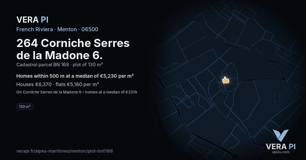264 Corniche Serres de la Madone 6, Menton at night – the plot lit, the parcels around coloured by the prices near them