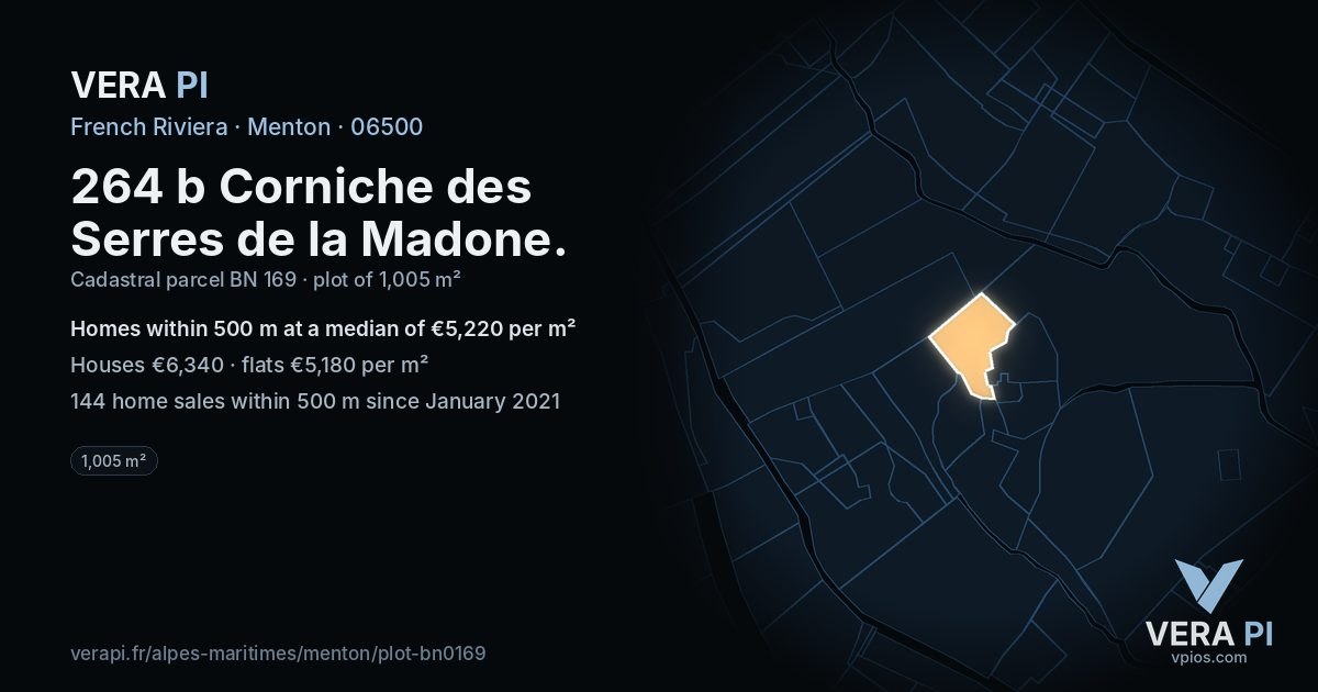 264 b Corniche des Serres de la Madone, Menton at night – the plot lit, the parcels around coloured by the prices near them
