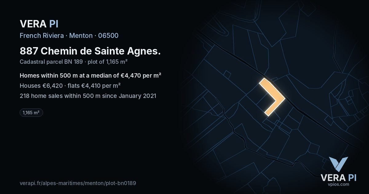 887 Chemin de Sainte Agnes, Menton at night – the plot lit, the parcels around coloured by the prices near them