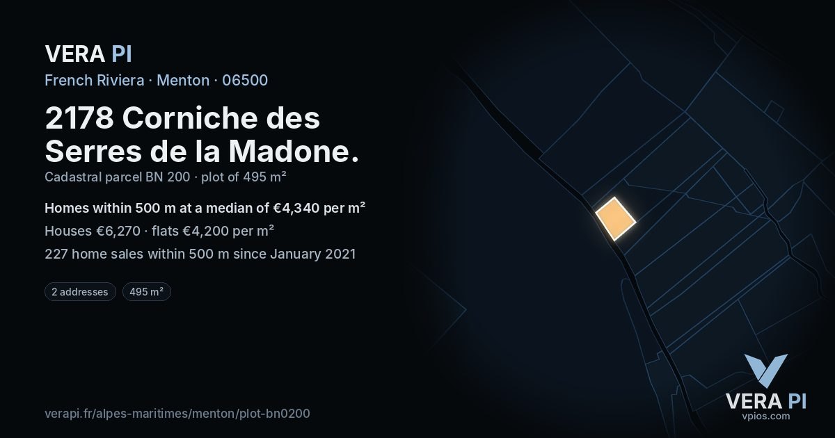 2178 Corniche des Serres de la Madone, Menton at night – the plot lit, the parcels around coloured by the prices near them