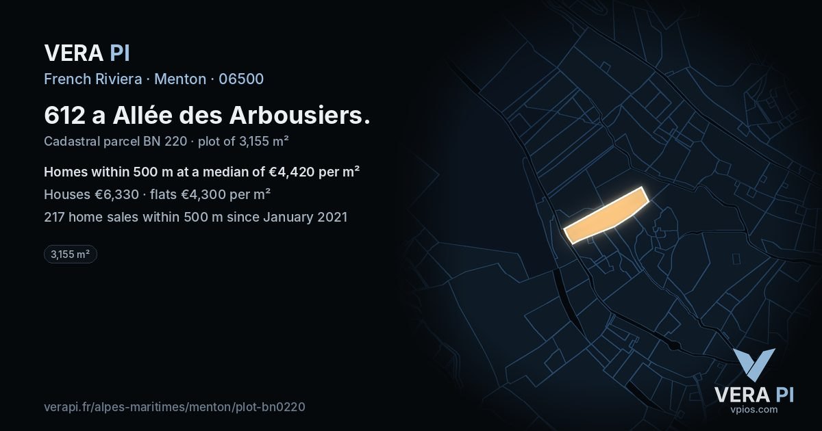 612 a Allée des Arbousiers, Menton at night – the plot lit, the parcels around coloured by the prices near them