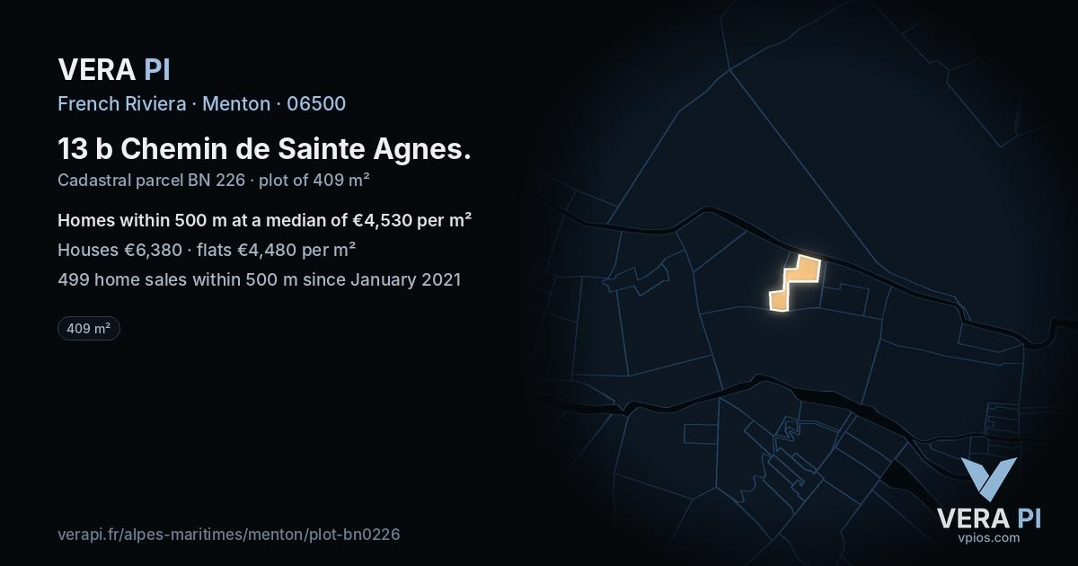 13 b Chemin de Sainte Agnes, Menton at night – the plot lit, the parcels around coloured by the prices near them