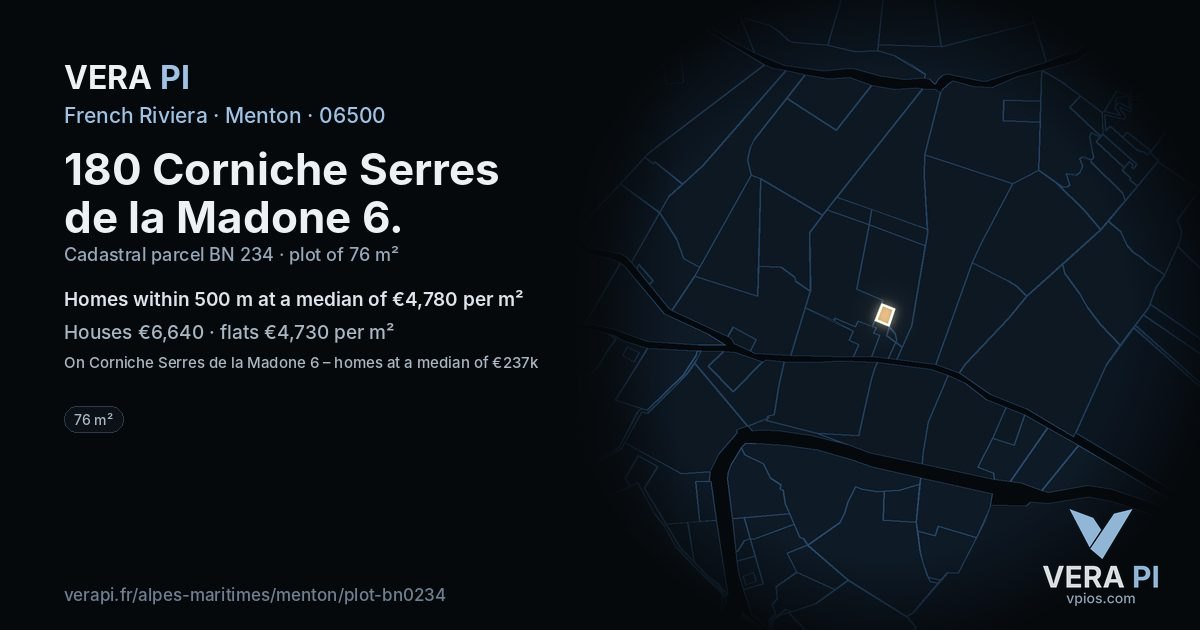 180 Corniche Serres de la Madone 6, Menton at night – the plot lit, the parcels around coloured by the prices near them